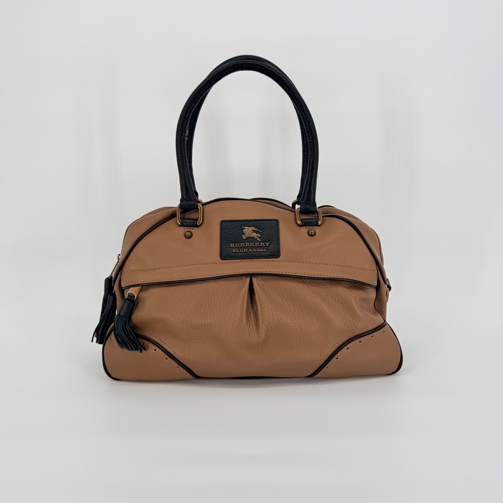 Burberry Blue Label Bowler Satchel Bag Taupe Leather Luxury Travel Work Sporty